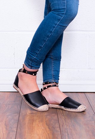ARABELL STUDDED FLAT ESPADRILLE SANDALS SHOES - BLACK