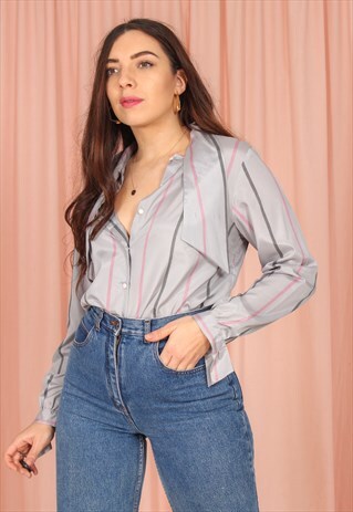 VINTAGE 70S STRIPE BLOUSE IN GREY