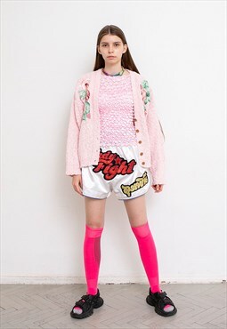 Vintage Cardigan Jacket Knitted Pastel Pink Floral Roses 