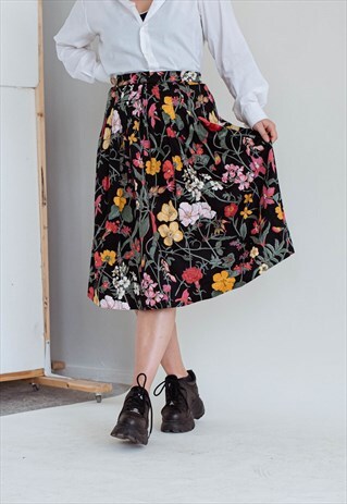 VINTAGE 80S FLORAL PATTERN HIGH WAIST FLARE MIDI SKIRT XXL
