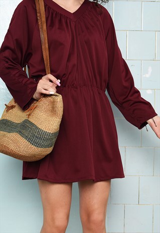 STUNNING 70S MOD MAROON DRESS MINI BOHO PARISIAN MINIMALIST