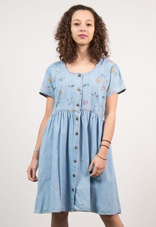 90'S CUTE BABYDOLL FLORAL DENIM DRESS