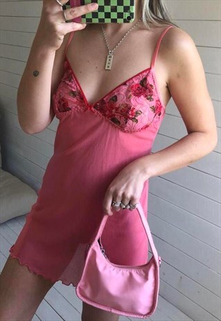 Vintage Y2K Pink Semi Sheer Mesh Babydoll Slip Dress 