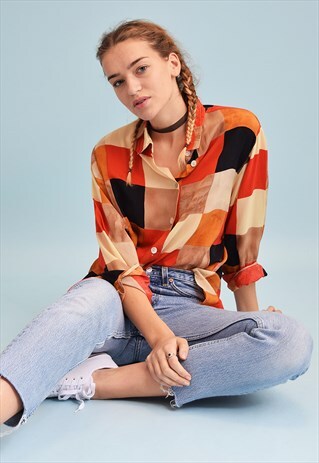 80'S RETRO CHECKED PRINT COLOUR BLOCK OVERSIZED SHIRT TOP