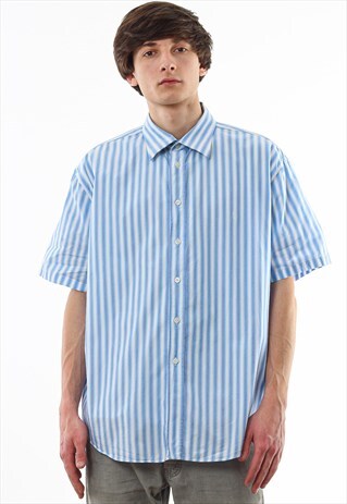 VINTAGE YVES SAINT LAURENT 90S BLUE STRIPED SHORT SLEEVE