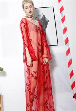 80S VINTAGE 90S GRUNGE RED SHEER GLITTER ELEGANT PARTY DRESS