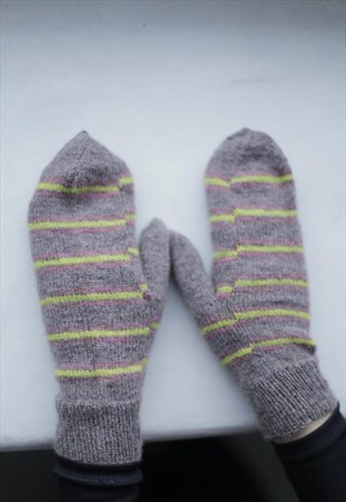 BROWN STRIPED HANDMADE KNITTED WOOL GLOVES