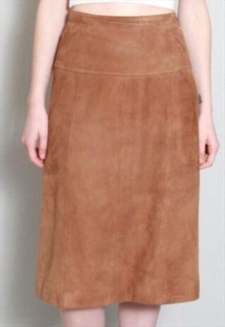 VINTAGE 1970'S BROWN SOFT SUEDE MIDI SKIRT