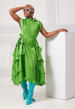 EDGEMARE Green Maxi Pleated Premium Loose Plisse Dress