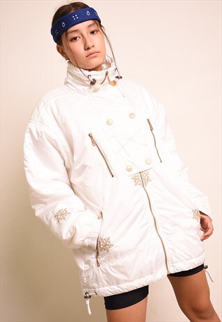 90'S RETRO ATHLEISURE PURE WHITE PUFFER JACKET PARKA