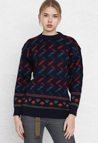 VINTAGE BLUE RED ROUND CREW NECK KNIT JUMPER SWEATER