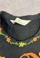 VINTAGE KNITTED JUMPER EMBROIDERED FLOWERS PATTERNED SWEATER