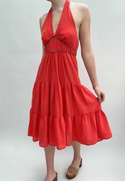 D L Barron 70's Vintage Ladies Red Halter Neck Dress 