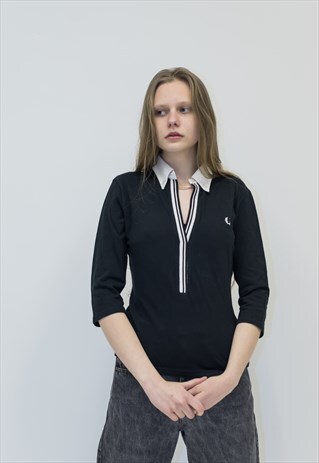 VINTAGE BLACK SHORT SLEEVE RETRO BLOUSE