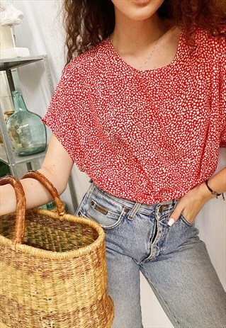 VINTAGE 80S LUXE SATIN MOD PRINT BLOUSE TUNIC TOP BOHO