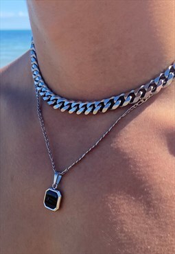 Mens Black Onyx Necklace With 11MM Cuban Chain