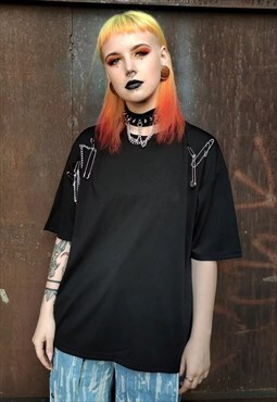 Pin attachment reworked t-shirt unusual chain tee in black
