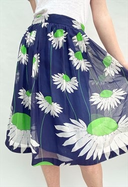 1970's Ladies Vintage Blue Large Flower Print Sheer Skirt