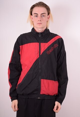 REEBOK MENS VINTAGE TRACKSUIT TOP JACKET LARGE BLACK 90S