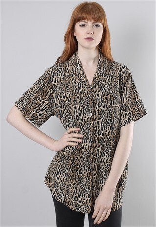 VINTAGE 80S LEOPARD PRINT PATTERNED SHIRT BLOUSE TOP