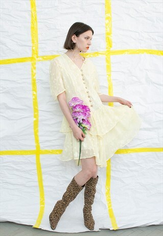 VINTAGE CREAM YELLOW 80S RUFFLE MIDI DRESS