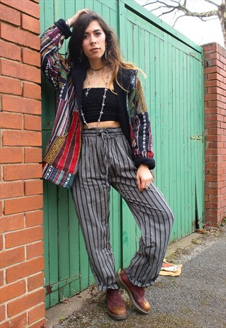 FAIRTRADE BLACK STRIPED COTTON DRAWSTRING TROUSERS