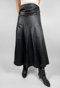 80's Vintage Ladies Soft Black Leather Circular Midi Skirt