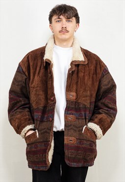 Vintage 80's Men Aztec Suede Coat in Brown
