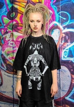 Tattoo t-shirt pinup girl print tee Anime top in acid black