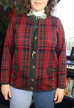 Vintage 90s Red Tartan Checked Checkered Pattern Cardigan