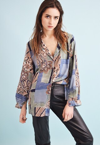 80'S RETRO ORIENTAL PRINT OVERSIZED SHIRT BLOUSE TOP