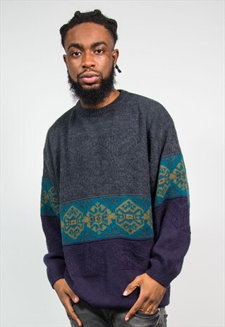 VINTAGE GREY AZTEC KNIT JUMPER