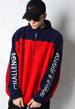 VINTAGE RED NAVY BLUE EMBROIDERED 1/3 ZIPPER FLEECE JUMPER
