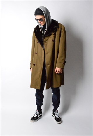 VINTAGE 70S KHAKI BROWN FAUX FUR LINING TRENCH COAT
