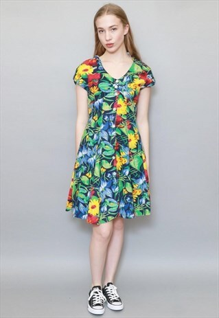 VINTAGE 1990'S VIBRANT FLORAL PRINT BUTTON FRONT DRESS