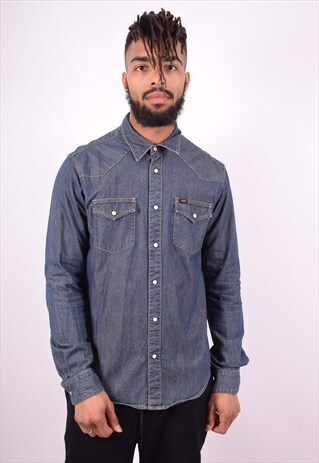 LEE MENS VINTAGE DENIM SHIRT LARGE BLUE 90'S