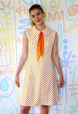 REVIVAL DRESS VINTAGE 1970S POLKA DOT ORANGE WHITE 12 - 14