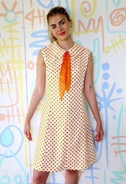 REVIVAL Dress Vintage 1970s Polka Dot Orange White 12 - 14