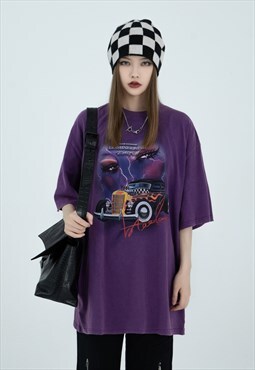Retro t-shirt Y2K car print top washed out tee in purple