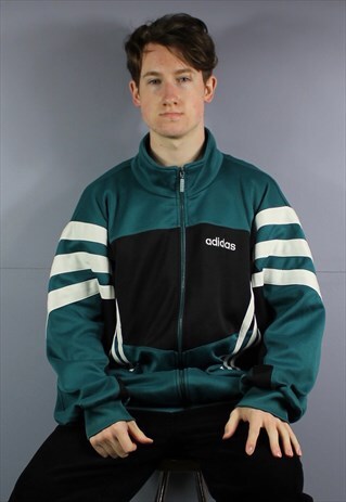 VINTAGE ADIDAS COTTON WINDBREAKER JACKET IN GREEN WITH ZIP P