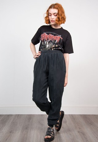 VINTAGE 90'S BLACK SILK SUMMER TROUSERS JOGGERS