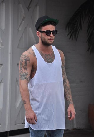 NEW 90'S STYLE OVERSIZE WHITE ON WHITE AIRTEX GYM VEST TOP