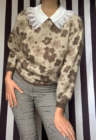 VINTAGE 80S MOHAIR BROWN BEIGE FLORAL JUMPER, UK12/14 