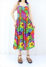 80s Multicoloured Floral Rainbow Dress (Size M)