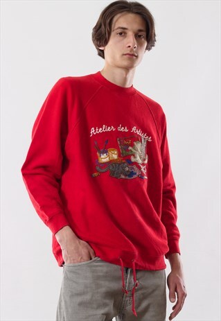90'S VINTAGE MENS BENETTON SWEATSHIRT CREW NECK RED PRINTED