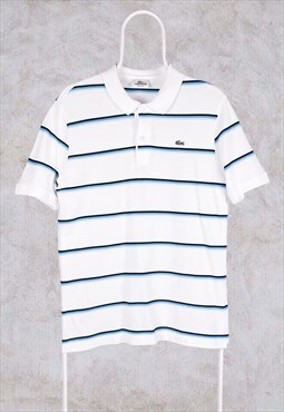 Vintage Lacoste Striped Polo Shirt White Blue Medium