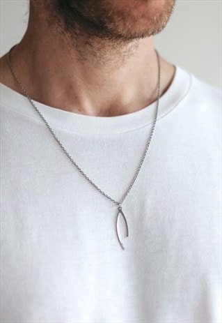 WISHBONE CHAIN NECKLACE FOR MEN SILVER LUCKY PENDANT FOR HIM