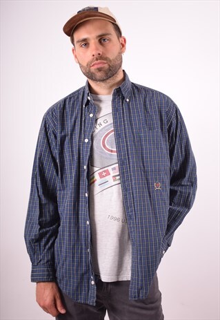 TOMMY HILFIGER MENS VINTAGE SHIRT MEDIUM BLUE CHECK 90S