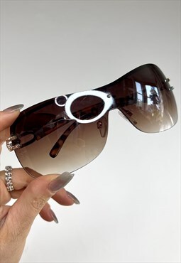 Vintage Y2k Rimless Sunglasses Wrap Oversized Visor 2000s