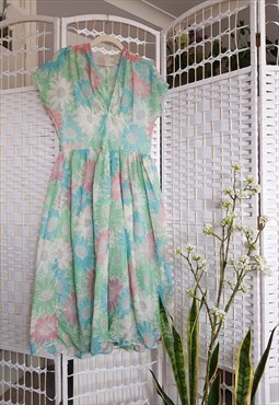 Vintage 70s gauzy organza floral midi sheer dress